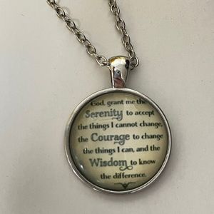 “God grant me the serenity”, silver tone necklace. Dome front. Chain 18.5”. New.